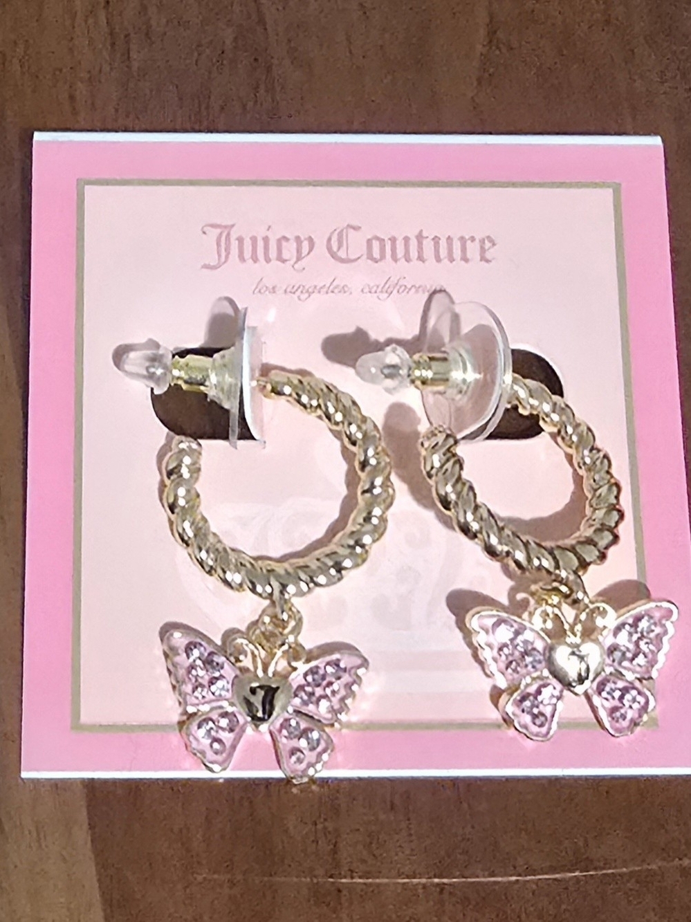Juicy Couture NWT Gold Hoop Earrings with Pink 💕 Rhinestone Butterfly Drops